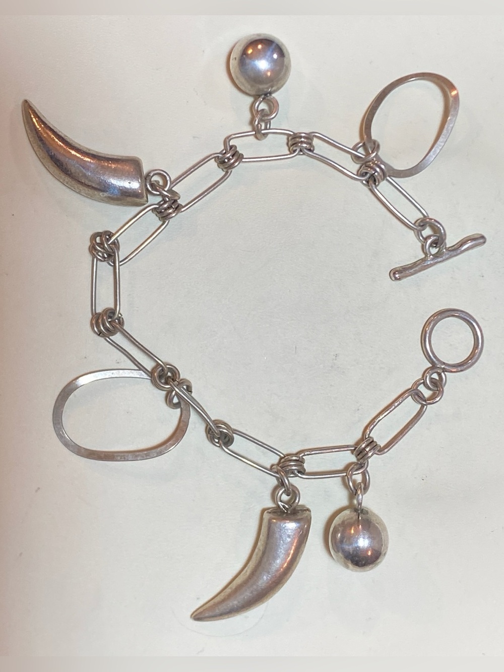 Vintage Sterling Silver Charm Bracelet Modernist Horn Orb 23.6g 7.75”